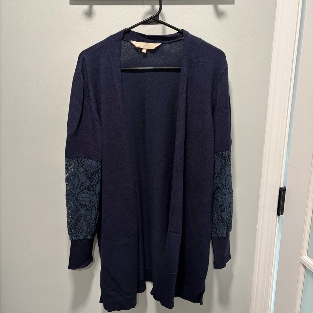 L Navy Women's Cardigan with Lace Sleeves